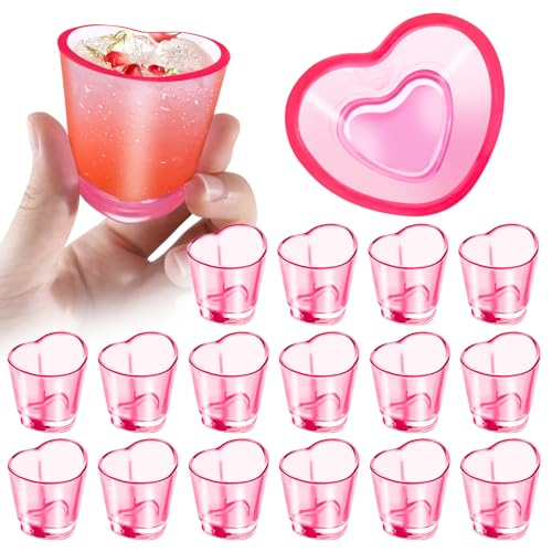 Plastic Shot Glasses of 16 Pcs, 1.5 oz Cute Pink Shot Glasses Set, Heart Shaped Shot Cups Bulk, Reusable Mini Beer Stein Tasting Glass Juice Cups for Whiskey, Tequila, Vodka, Mother's Day Decor