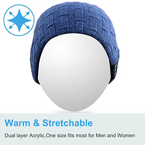 Qshell Washable Bluetooth Beanie Winter Hat Short Skully Cap with Bluetooth Stereo Headphones Mic Hands Free Rechargeable Battery Compatible with Mobile Phones, iPhone, iPad, Laptops, Tablets - Blue - Thumbnail 2
