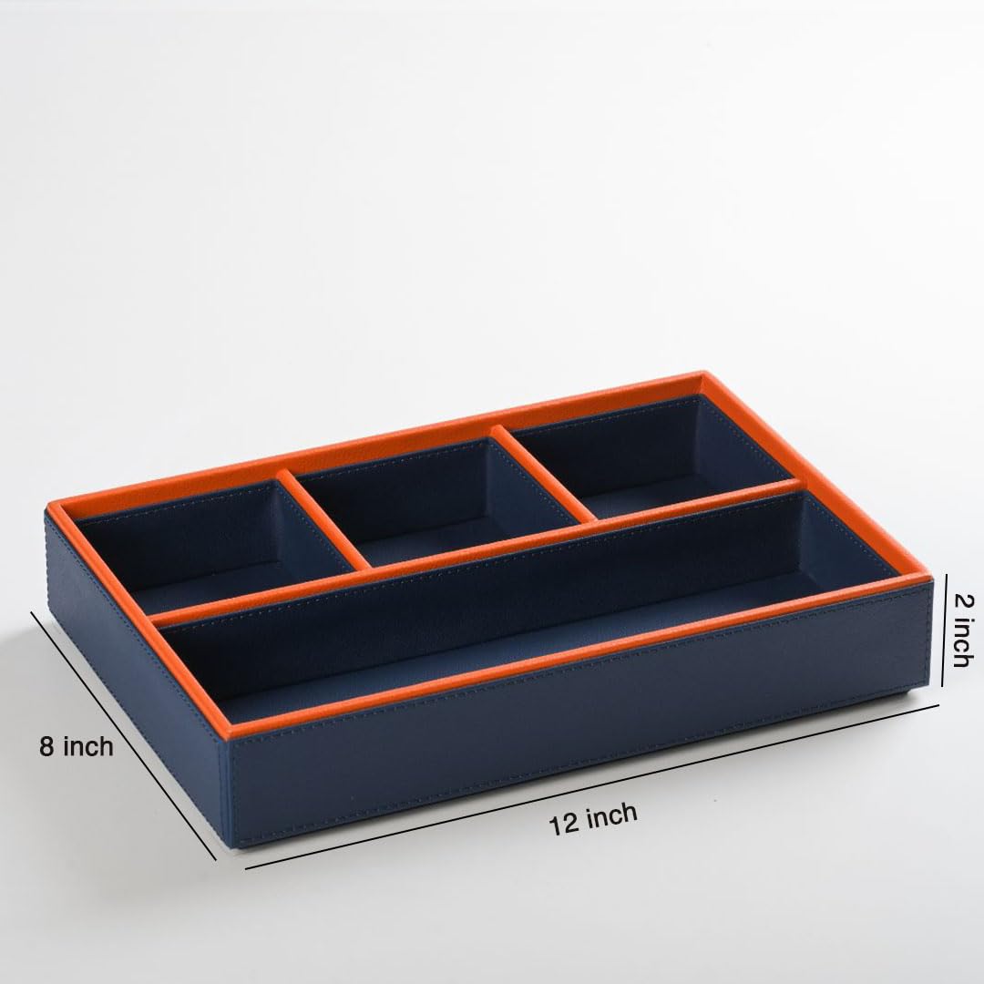 CASA BOTANICAL Desk Leather Organizer Tray with 4 Compartments Stylish | Perfect For jewellery Organizer, Office, Table, Bedside Tray, Cosmetic, and Decoration | Blue Multi-Functional Storage 4