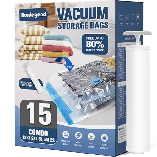 BoxLegend Sacs de Rangement Sous Vide Aspirateur 15 PCS(1XXL,2XL,5L,5M,2S) Housses de Rangement Sous Vide Compression économise de L'espace Voyage Hermetique...