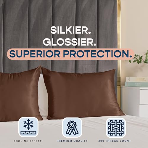 Image of BLISSFORD Brown Satin Pillowcase with Zipper, for Hair and Skin Care, Feels Soft and Cool Like a Silk Pillowcase, Satin Pillow Cases 2 Pack, Slik Pillow Cover, Standard Size, Set of 2
