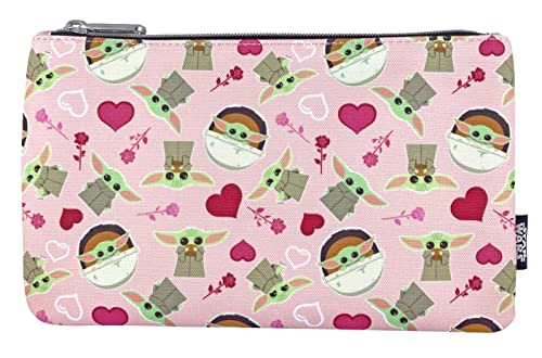 Loungefly Star Wars Baby Yoda Grogu Hearts and Flowers All Over Print Large Cosmetic Bag Pouch