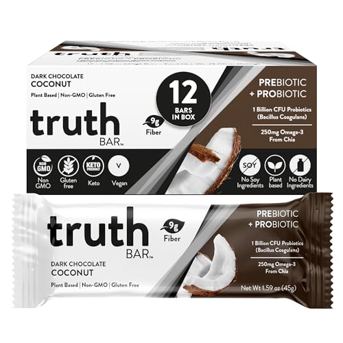 Truth Bar Prebiotic & Probiotic Keto Snack Vegan Bars with Omega-3’s – Synbiotic High Fiber Snacks – Low Sugar, Kosher, Gluten Free – Dark Chocolate Coconut (Pack of 12)
