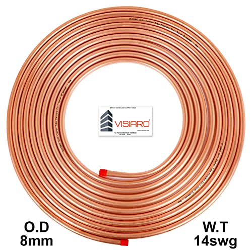 Visiaro Round Soft Copper Tube, 15mtr, Outer Dia 8 mm, Wall Thickness 14 swg, Seamless Hollow Pipe Coil for Air Conditioning, Refrigeration, Plumbing Systems and DIY Projects