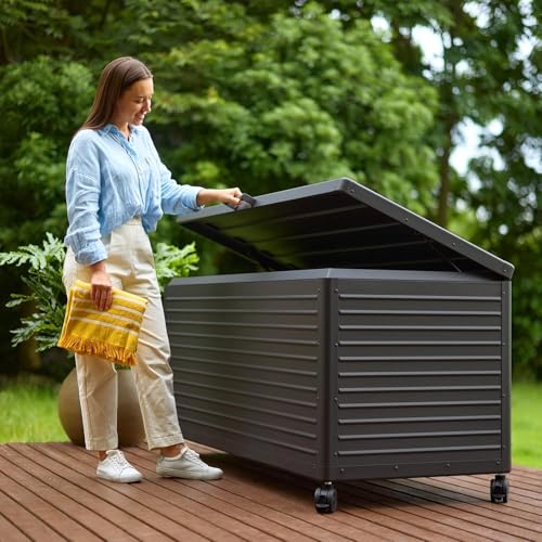 Image of MIRADOR 205 Gallon Outdoor Storage Box with Wheels & Soft-Close Lid, Waterproof Metal Deck Box for Patio Cushions, Garden Tools & Pool Accessories, Charcoal