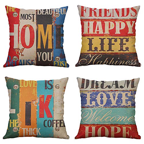 MIULEE Pack of 4 Decorative Pillow Covers Love Life Pillowcases Solid Square Cushion Cover Cotton Linen Throw Pillow Covers Home Decor for Sofa Car Bedroom 18x18 Inch