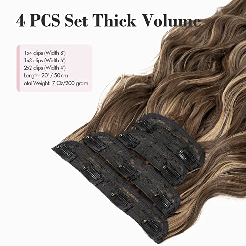 Reecho Blonde Hair Extensions, 4Pcs Clip In Hair Extensions 20" Thick Long Beach Wave Synthetic Hairpieces For Women - 6H12 Chocolate Brown With Blonde Highlights #TOP1