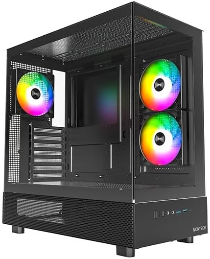 MONTECH XR-B, ATX Mid-Tower PC Gaming Case, 3x120mm ARGB PWM Fans Pre-Installed, Full-View Dual Tempered Glass Panel, Wood-Grain Design I/O Interface, 4090 GPUs, 360mm Radiator Support, Black