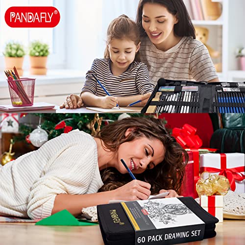 Pandafly 60 Pack Drawing Set Sketch Kit, Sketching Supplies With 2 X 50 Page 3-Color Sketchbook, Graphite, Charcoal, Pastel Pencils, Pro Art Drawing Kit For Adults Teens Beginners Kid #TOP5