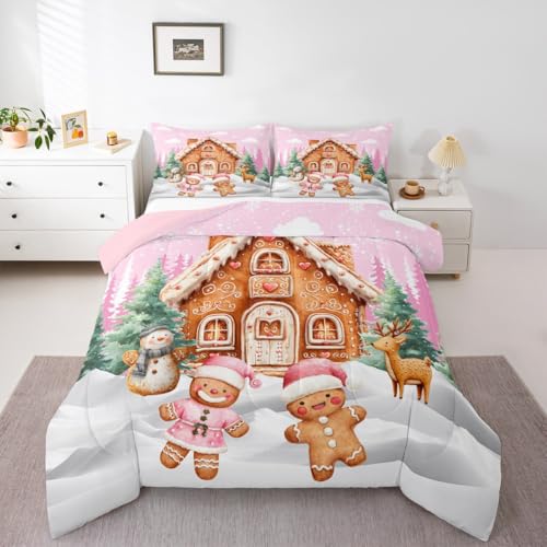 Loussiesd Juego de ropa de cama de Navidad, juego de edredón de hombre de jengibre, tamaño individual para niños y niñas, lindo muñeco de nieve, árbol de Navidad, decoración de dormitorio, microfibra