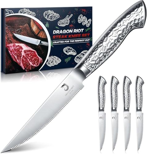 DRAGON RIOT Steakmesser-Set, 4-teiliges Steakbesteck mit Sägezahnklingen aus japanischem Edelstahl, spülmaschinengeeignet inklusive Aufbewahrungsbox