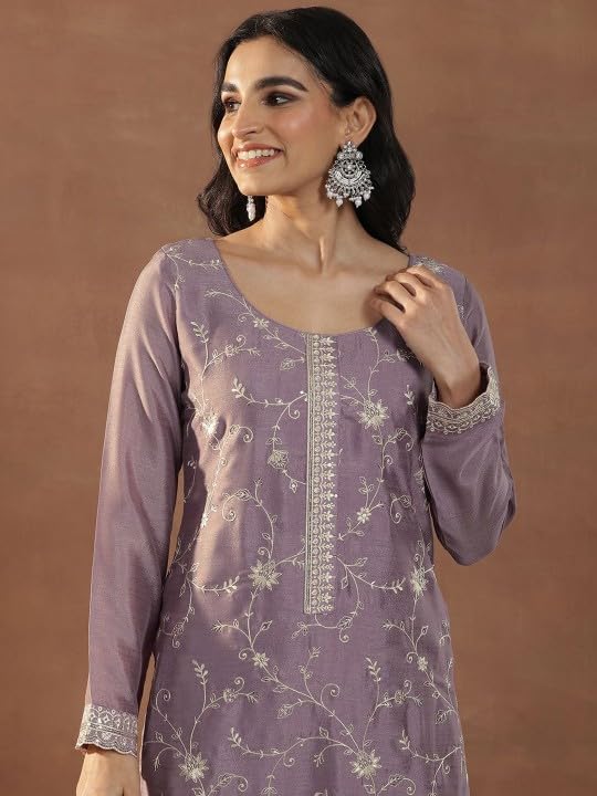 Image of Women's Mauve Embroidered Round Neck Sequinned Straight Silk Blend Kurta With Trousers & Dupatta