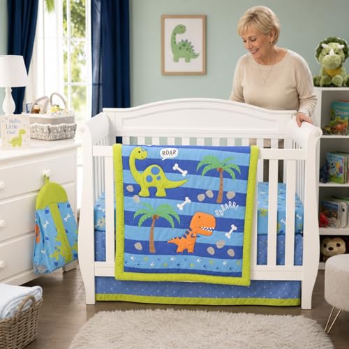 Image of EVERYDAY KIDS Dinosaur 4 Pc Crib Bedding and Nursery Set Includes Baby Bed Quilt, Fitted Sheet, Dust Ruffle and Diaper Stacker; Triceratops and T-Rex Dino Design for Baby Boys