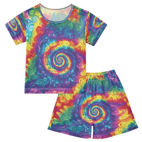 ALAZA Color Tie Dye Abstract Pajamas Set Short Sleeve Cotton Sleepwear Summer Pjs 2 Piece 5-14Y