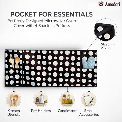 Image of Microwave Oven Top Cover 35x100 cm | Wipe Clean Fabric | 4 Utility Pockets (Polka-12)