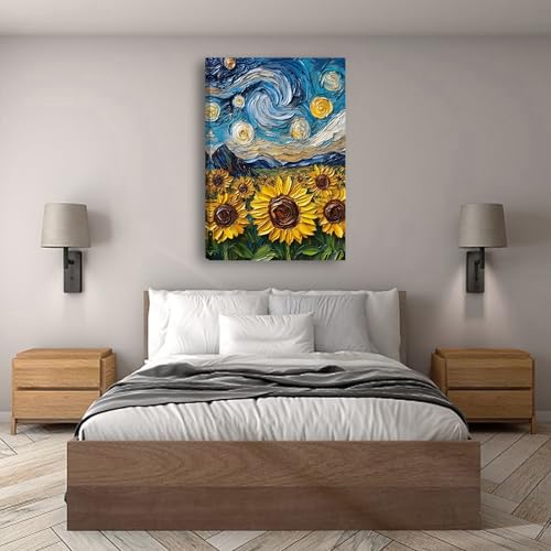 2D No Texture Sunflower Canvas Wall Art, Starry Night Sunflower Painting Poster, Blue Starry Wall Decor, Yellow Flower Picture for Wall Living Room Bathroom Bedroom Home Decoration 12*18 in (Poster No Frame) — view 5