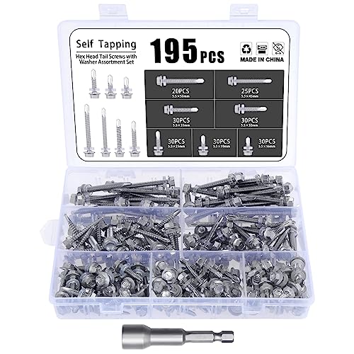 Gueenky 195 Pièces Vis Autoforeuse à Tete Hexagonale, 5,5 x 16-50 mm Vis Autotaraudeuse Inox Vis Autoperceuse Metal, 7 Tailles Vis Autopercante...