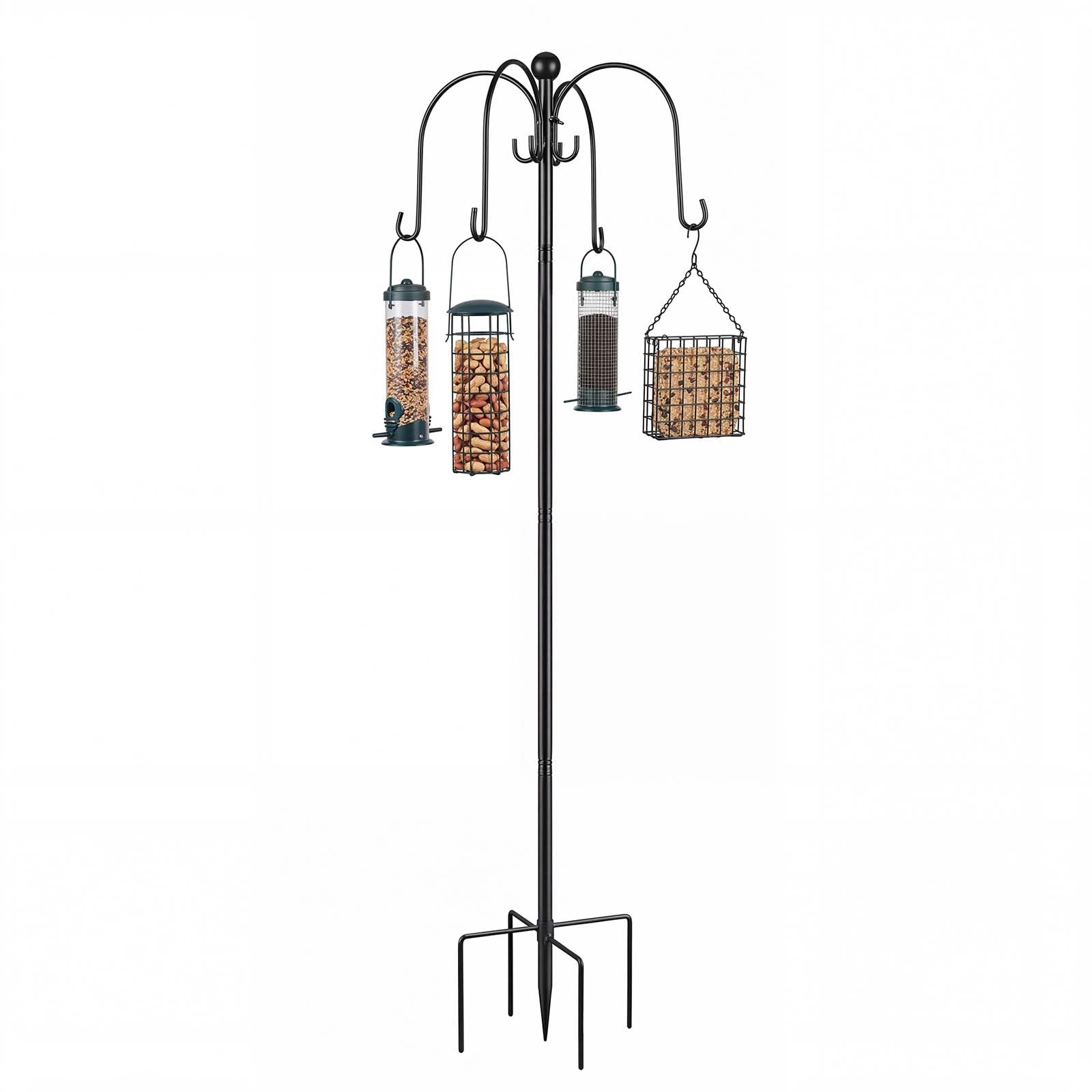 Bird Feeders Hanging Station with 4 Feeders, 224cm Heavy Duty Bird Feeder Pole with 8 Hooks & Deep 5-Prong Base, Adjustable Bird Feeding Station for Garden, Free Standing Metal Bird Feeder Stand