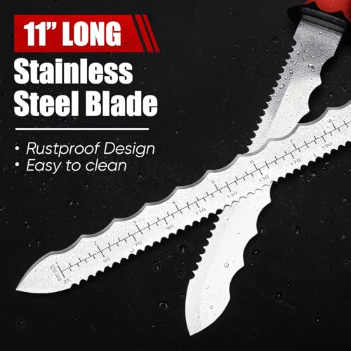 Image of PINOZE 11 inch Insulation Knife, Stainless Steel Blade Insulation Cutter w /Laser Scale, Dual-Side Serrated Duct Knife Tool with Sheath for Cutting Heat Material Foam /Rockwool /Styrofoam, Garden Sod Cutter
