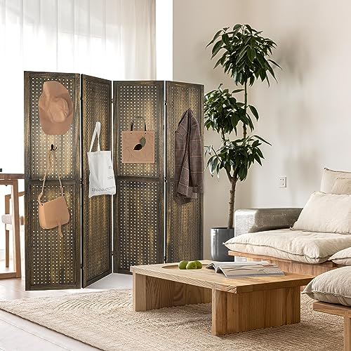 Babion 4 Panel Pegboard Display, Peg Board Room Divider Freestanding Folding Privacy Screens Pegboard Display Stand for Craft Shows (Brown)