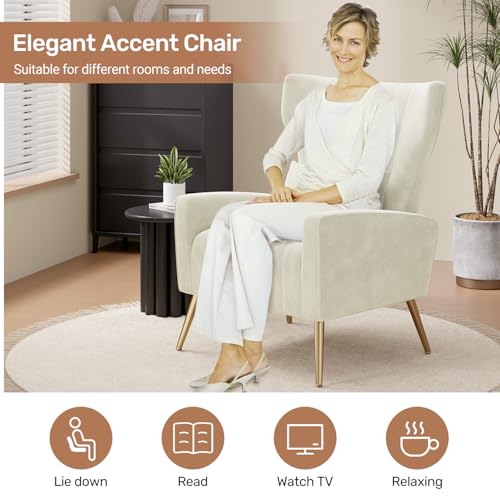 Hawthyhome Relaxsessel/Einzelsofa/Fernsehsessel/Ohrensessel mit Kopfkissen und Gold Metallfüßen aus Samt bis 130kg Schlafzimmer Wohnzimmer Beige