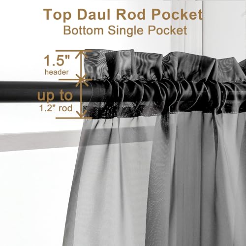 Image of Chyhomenyc Black Sheer Curtains 30 inch Length 2 Panels, Light Filtering Voile Rod Pocket Short Window Curtians for Bathroom Living Room Farmhouse Small Windows, 42Wx30L inches