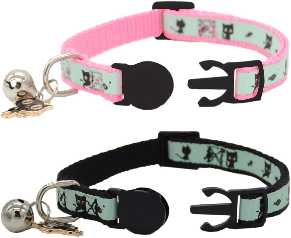 2 Pack Glow in The Dark Cat Collar with Bell Breakaway Safety Cat Puppy Collars with Pendant Black and Pink