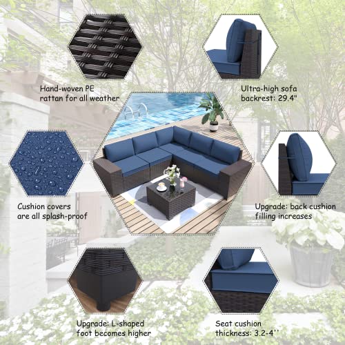 Alaulm Patio Furniture Sets 6 Pieces Patio Sectional Outdoor Furniture Patio Sofa Chairs Set All Weather Pe Rattan Wicker Couch Conversation Set With 5 Navy Blue Thickened Cushions & Coffee Table #TOP2