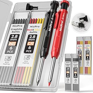 Nicpro Carpenter Pencil with Sharpener, Mechanical Carpenter Pencils Set with 26 Refills, Deep Hole Marker Construction Pencils Heavy Duty Woodworking Pencils for Architect (Black, Red) - With Case