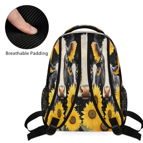 Retro Sunflower Cow Floral Kids Backpack, Lightweight School Bookbag Large Capacity Laptop Backpack Water Resistant Daypack Shoulder Bag for Teenager Boys Girls 6