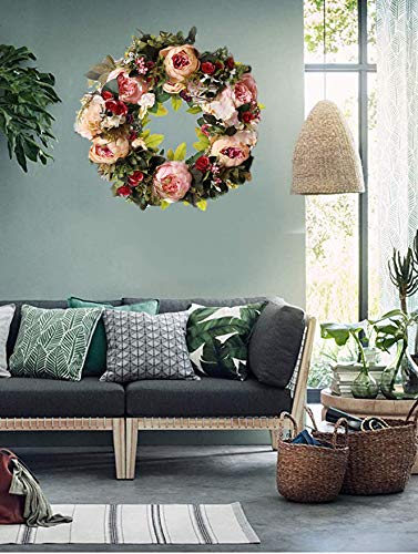 Peony Spring Wreath For Front Door, Handmade Pink Floral Wreath Artificial Spring Garland Wreath For Front Door Wall Wedding Party Home Deco #TOP4