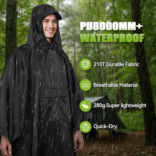 Rain Ponchos for Adults with Pocket, Waterproof Rain Poncho Reusable Hooded Ponchos Raincoat for Hiking Camping2