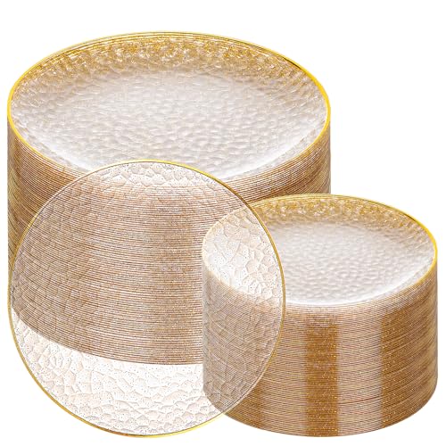 Rubtlamp 100Pcs Clear Gold Plastic Plates, Gold Glitter Disposable Plates, Hammered Plastic Plates Included 50 Dinner Plate And 50 Dessert Plate for Weddings Party Birthday
