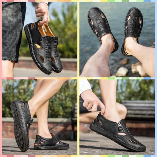 Men's Breathable Closed-Toe Leather Fisherman Sandals | Slip-On Comfort for Summer Outdoor Activities | Hand-Sewn with Side Zipper for Easy Wear | Perfect for Driving and Walking2