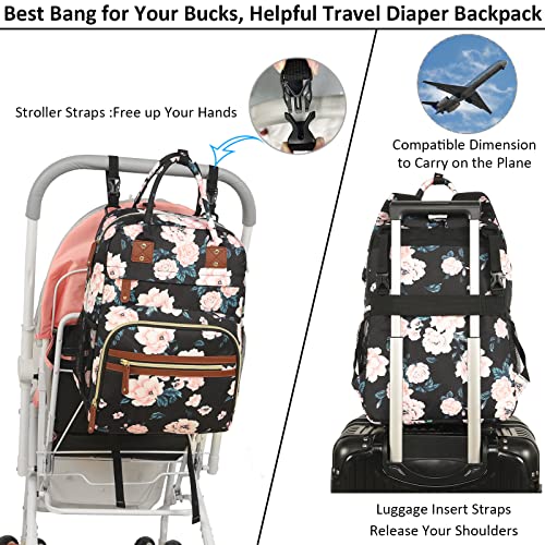Tenot Diaper Bag Backpack For Women Large Capacity, Baby Bag With Insulated Pockets Multifunctional Diaper Bags For Baby Girl Boy Waterproof Baby Bags For Boys Girls Maternity Bag Black Pink Floral #TOP3