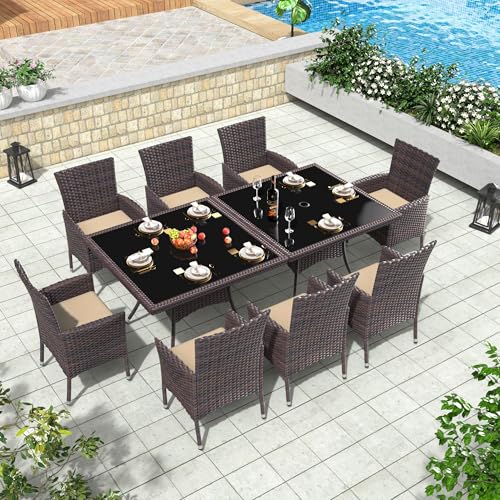10 Piece Outdoor Dining Set Perfect for Stylish Backyard Gatherings 10 Trumbeak 10 Piece Outdoor Dining Set,Rattan Patio Conversation Set of 8 Chairs,Patio Dining Table and Chairs w/Cushions,Square Glass Tabletop,Umbrella Cutout for Patio,Sand