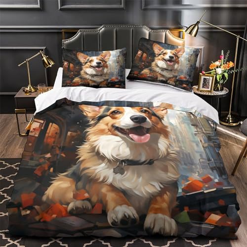 Housse de couette parure de lit enfant corgi 3D 3 pièces avec fermeture