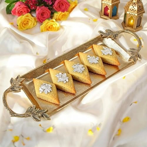 Image of Behoma Aluminium Golden Serve Tray with Leaf Handle for Center Table Centerpiece| Serving Platter for Home Decor Kitchen Dining | Durga Puja Navratri Plater for Sweets, Cookies, Dry Fruits, 16.7 inch inch
