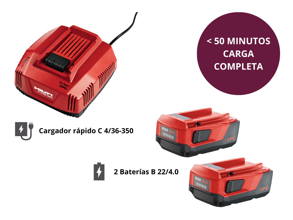 Hilti 2336031 KIT Atornillador taladro percutor a batería SF 6H-A22 + 2 baterías B 22/4.0 + cargador rápido C 4/36-350 (22 V, perforación con percusión y atornillado. Con maletín)