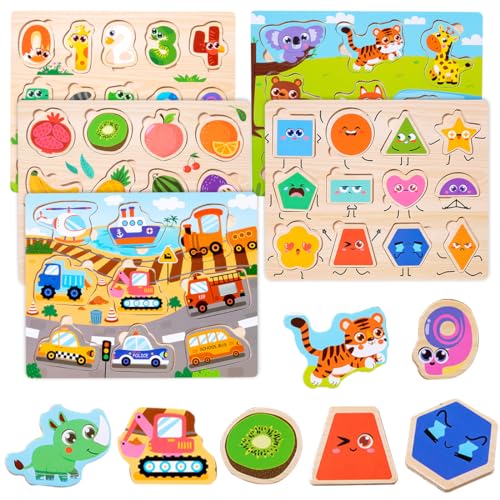 Puzzle Madera 5 Piezas, Juguetes Educativos Montessori, Rompecabezas de Encastre de Madera para 1 2 3 Años, Puzzle Bebés Forma de Animal Vehículo Fruta Números Emoticonos