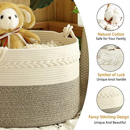 Kakamay Large Blanket Basket (20"X13"),Woven Baskets For Storage Baby Laundry Hamper, Cotton Rope Blanket Basket For Living Room, Laundry, Nursery, Pillows, Baby Toy Chest (White/Beige) #TOP2