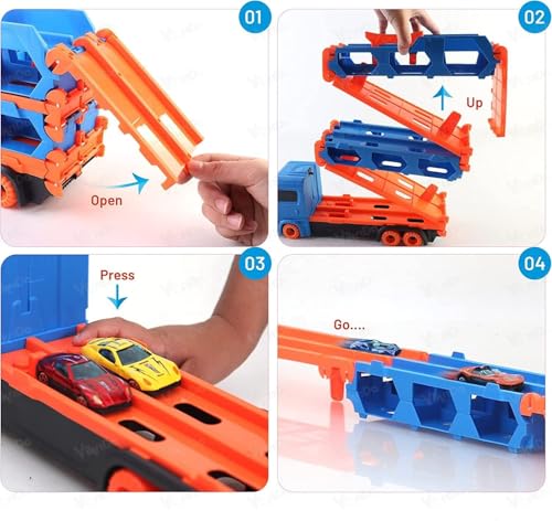 Image of Vikrida Big Hauler Storage & Deform Transport Truck Toy with 2 Foldable Ejection Race Track & 2 Pcs Die cast Cars for Kids - Blue Color