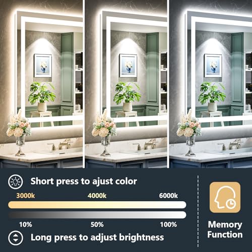 YEELAIT 24x36 Inch LED Bathroom Mirror with Lights Front and Backlit Lighted Vanity Mirror for Bathroom Wall with 3 Colors Dimmable Anti-Fog Memory Shatter-Proof IP54 Waterproof Horizontal/Vertical by YEELAIT - Image 4