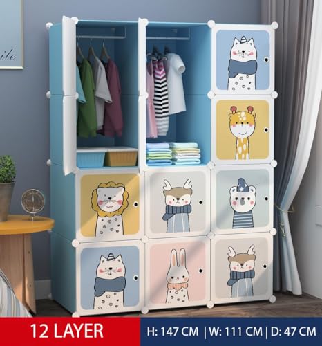 Image of Plastic Wardrobe for Kids Clothes - Durable, Easy to Use Anti-Skid & Non-Slip Effective Professional Collapsible Wardrobe, Plastic Cupboard for Kids, Foldable Almirah (Blue KTF1,12-Door)