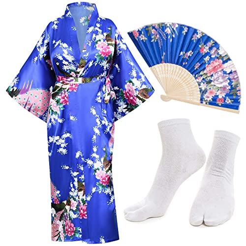 Kimono japonés de satén pavo real impreso ligero Cardigan abrigo yukata bata bata de baño tops abanicos tabi calcetines horquilla, Azul Real, S-L