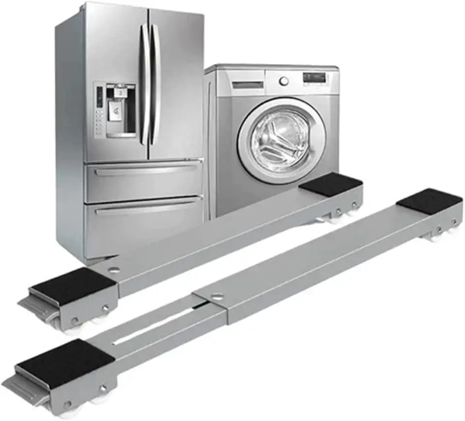 Suporte com Rodinhas Ajustável Telescópico para Geladeira, Máquina de Lavar e Fogão – Base Reforçada Antiderrapante até 200kg, Estrutura em Aço, Portátil, Silencioso, Deslizante e Durável