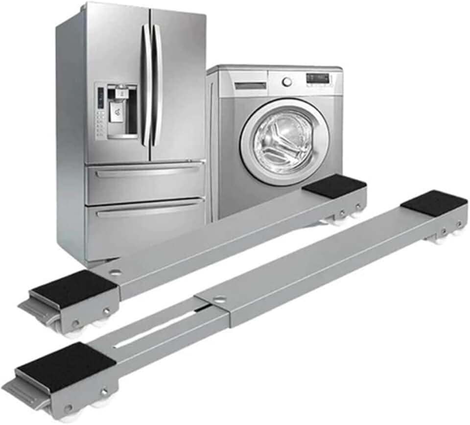 Suporte com Rodinhas Ajustável Telescópico para Geladeira, Máquina de Lavar e Fogão – Base Reforçada Antiderrapante até 200kg, Estrutura em Aço, Portátil, Silencioso, Deslizante e Durável