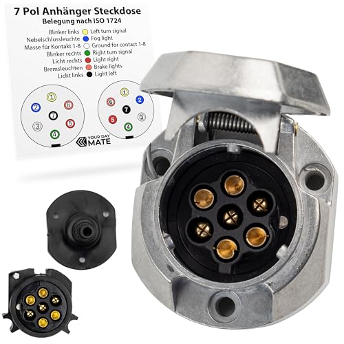 7+1 polige Steckdose, 1 Pack, Alu-Guss-Gehäuse, mit Abschaltautomatik, 7pol Steckdose nach ISO 1724 genormt, Steckanschluss für 12V Systeme, 7 pol Adapter Buchse mit Klappdeckel, 7pin Socket kit