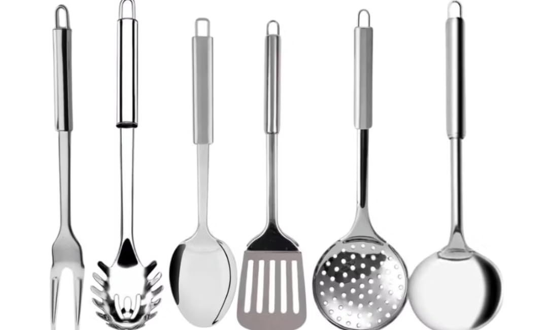 Conjunto de Utensílios de Cozinha em Aço Inox, 6 Peças, Garfo, Escumadeira, Concha,