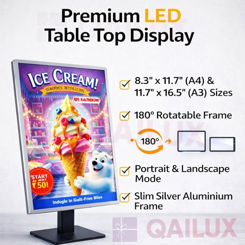 Image of LED Tabletop Promotion Frame Backlit Poster Holder Desktop Sign Counter Menu Board Retail Advertising Lightbox Portrait Landscape Convertible Monitor Style Screen Display (A3)